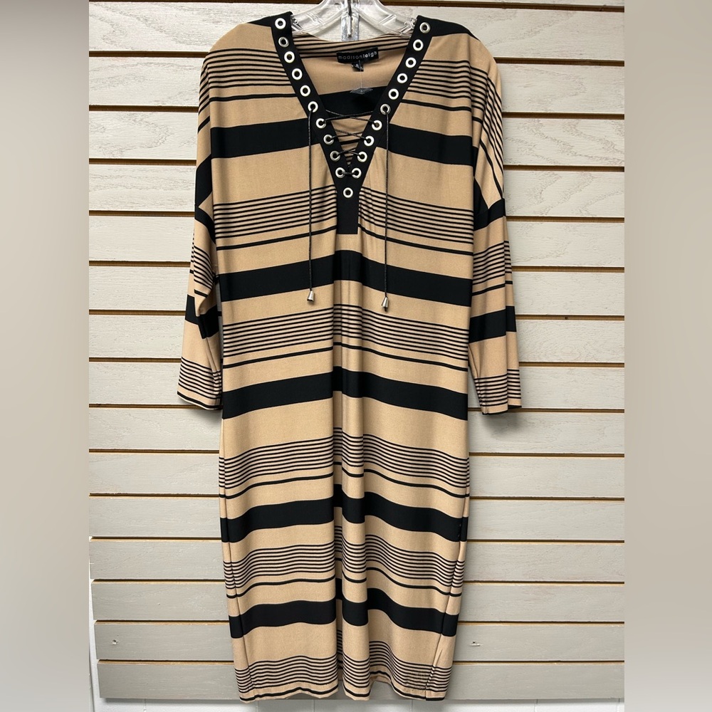 madison leigh Black and Tan Striped Lace-Up Dress